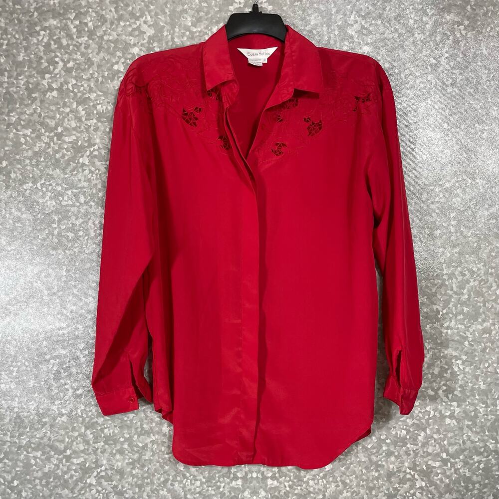 Susan Hutton Vintage 1980s Women's Red Floral Button Up Blouse - Size 10 - Retro